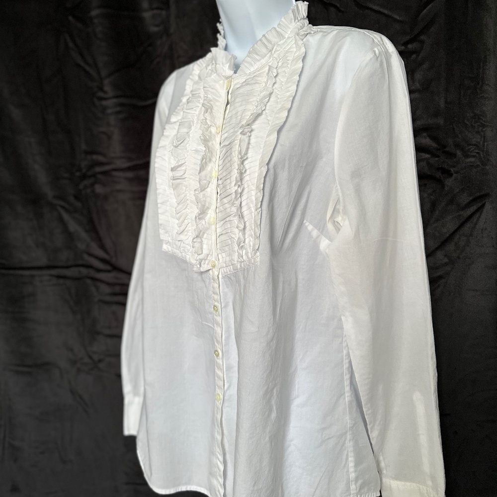 J. Crew White Ruffle Front Blouse